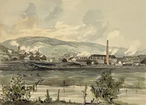 Queen Prints: Unidentified Industrial complex on river bank, 1857, by James Fuller Queen