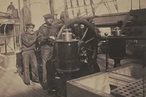 Seaman Prints: Union sailors at the ship's wheel aboard the USS Hartford