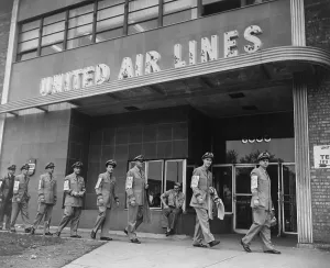 Pickets Prints: United Air Lines uniformed pilots form a picket line as they march past the airline's Chicago Midway terminal