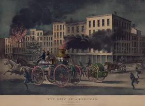 Street Prints: Urban firefighters of the 1860's on their horse-drawn steam pumper fire engine