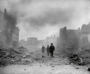 Lcgr1406 Prints: U.S. 3rd Division infantrymen searching for snipers in the smoldering city of Zweibrucken