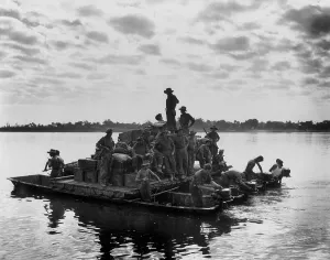 Burma Prints: U.S. Army barge, powered by outboard motors