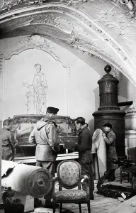 Looting Prints: U.S. Army MFAA Section with furniture from Rothschild Paris residences looted by Germans