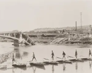 Offensive Prints: U.S. Army soldiers crossing pontoon bridge next to destroyed bridge over the Marne River