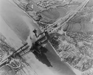 Air Force Prints: U.S. Bombing of Kum River bridges about 10 miles north of Taejon, Korea