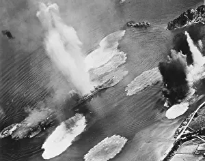 Air Force Prints: U.S. carrier planes bomb Japanese cruisers anchored in the Kure Harbor Naval Base at Honshu