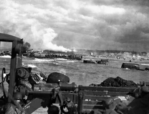 English Channel Prints: U.S. landing craft approaching Omaha Beach in Normandy beach on Dec