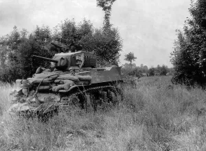Tanks Prints: U.S. light tank equipped with the Culin Hedgecutter for breaching the Norman hedgerows