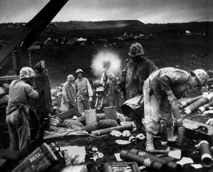 Island Prints: U.S. Marine artillery shells Japanese positions concealed back from the beaches of Iwo Jima