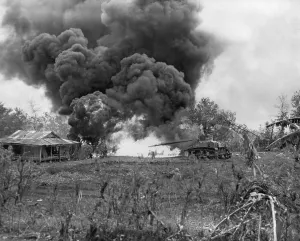 Tanks Prints: U.S. Marine flame-throwing tank attacks a Japanese pillbox on Saipan