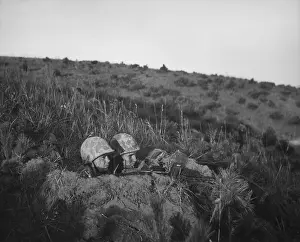 Foxholes Prints: U.S. Marine machine gun crew dug in for the night in Korea