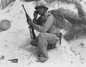 Encryption Prints: U.S. Marine Native American Code Talker uses walkie-talkie in the South Pacific during World War 2