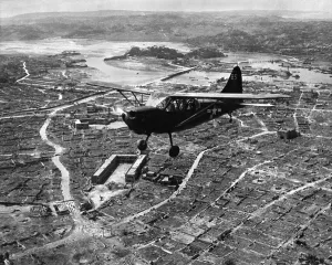 Under Fire Prints: U.S. Marine observation plane flies low over Naha, capital of Okinawa, May 1945