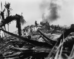 Lcgr1310 Prints: U.S. Marines attack a camouflaged Japanese bunker to drop explosives through the air vents
