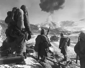 Frozen Prints: U.S. Marines pause at the roadblock on the way from Hagaru to Kotori in the withdrawal from the Chosin Reservoir