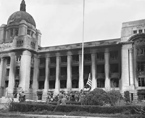 Marines Prints: U.S. Marines raising the American flag at the burnt out South Korean Capitol building during the 2nd Battle of Seoul