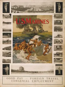 2008 Prints: U.S. Marines recruitment poster showing marines coming ashore with ships in background
