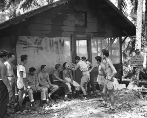 Sick Prints: U.S. Marines at routine sick call on New Georgia Island in the South Pacific during World War 2