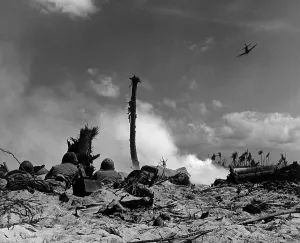 Lcgr1310 Prints: U.S. Marines in the sand shoot across No Man's Land with rifle fire