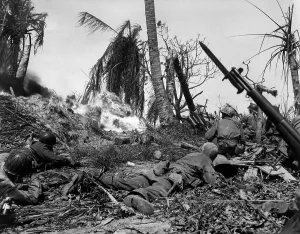 Lcgr1310 Prints: U.S. Marines use flame throwers against a Japanese block house on Kwajalein Island