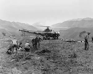 U.S. Navy Corpsmen prepare three Marines for evacuation evacuated via helicopter. May 23, 1951