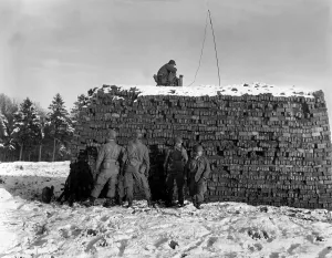 Electronics Prints: U.S. radar equipment on a pile of bricks during the Battle of the Bulge
