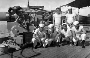 December Prints: U.S. Sailors that crew the five inch gun on an American destroyer. World War I. 1917-1918