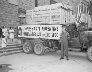 Austria Prints: U.S. Soldier guards a truck holding stolen Italian artworks during World War 2