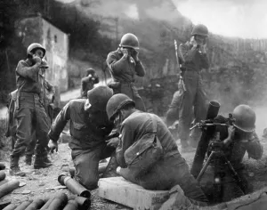 Mortars Prints: U.S. Soldiers firing mortars as they establish a beachhead on the east bank of the Rhine