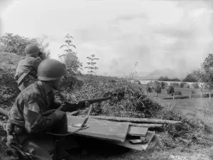 Hedgerows Prints: Two U.S. soldiers observe smoke from the Battle of the Falaise Pocket