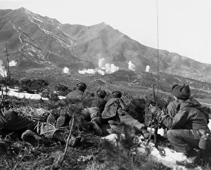 Un Offensive Prints: U.S. Soldiers outlook for movement as UN forces drop white phosphorous on a Communist held area