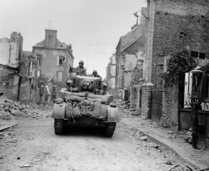 Towns Prints: U.S. tank advancing through the ruins of Saint Lo