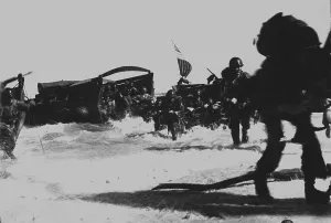 Lcgr1310 Prints: U.S. troops hit the beach from Higgins boats during the invasion of Japanese held Wadke Island