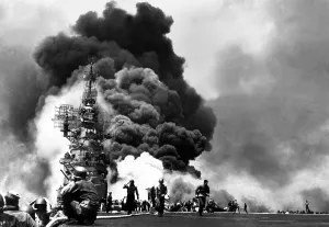 Steam Prints: USS Bunker Hill aircraft carrier burning after two kamikaze strikes during the Battle of Okinawa