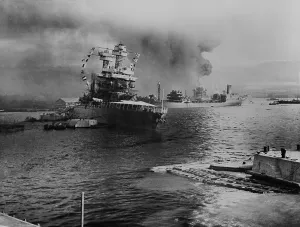 Hawaii Prints: USS California lists after aerial blows taken during the Japanese attack on Pearl Harbor