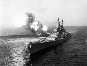 Invasions Prints: USS Missouri fires its 16-inch guns at Chong Jin