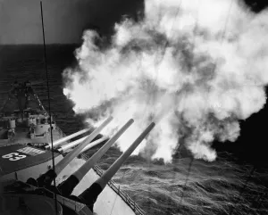 Retreat Prints: The USS Missouri fires 16-inch shell into enemy lines at Hungnam