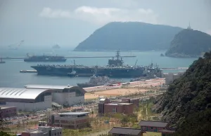 Coastline Prints: USS Ronald Reagan sits moored pier side Pusan South Korea while on a routine 7th Fleet deployment