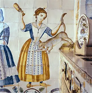 Pinafore Prints: Valencian kitchen tile with scenes of daily life