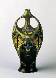 Vase of Glazed Majolica. Made in Rosenburg (Holland) and decorated with flowers and parrots. Art Deco. Ceramics. SWITZERLAND. Geneva. Ariana Museum