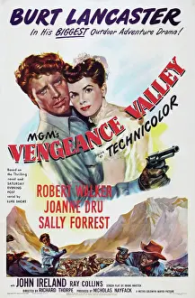 Mountains Prints: VENGEANCE VALLEY, US poster art, from left: Burt Lancaster, Joanne Dru, 1951