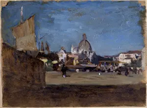 Venice (Venezia), by Demetrio Cosola, 1870 - 1895, 19th Century, oil on cardboard - Private Collection. Whole art work view. Venice view with ships and a church in the background
