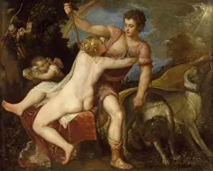 Mythology Prints: VENUS AND ADONIS, by Titian, 1545-75, Italian Renaissance painting, oil on canvas
