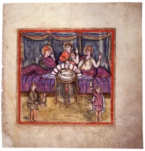 Sofa Prints: Vergilius Romanus - Goths slaves serve Dido and her Roman guests