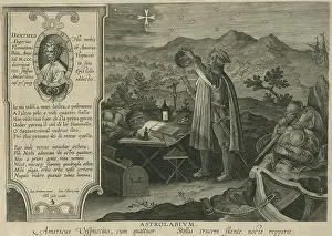 16th Century Prints: Vespucci studies the measurement of the earths sphere by observing the Southern Cross constellation while his crew