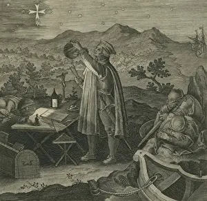 16th Century Prints: Vespucci studies the measurement of the earths sphere by observing the Southern Cross constellation while his crew