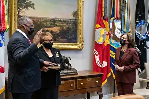 Asian American Prints: Vice President Kamala Harris administers the oath of office to Lloyd Austin as Secretary of Defense