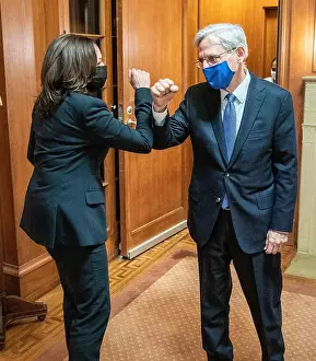 Asian American Prints: Vice President Kamala Harris and Merrick Garland greet each other with a fist bump