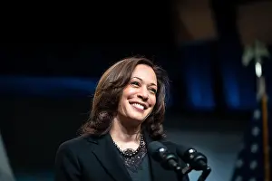 Asian American Prints: Vice President Kamala Harris smiles as she speaks at the 40th Annual Black History Month Virtual Celebration