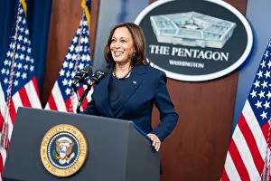 Asian American Prints: Vice President Kamala Harris speaking at a Pentagon conference. On Feb. 10, 2021